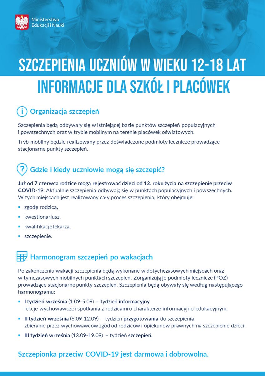 Szczepienia uczniow w wieku 12 18 lat informacje dla szkol i placowek