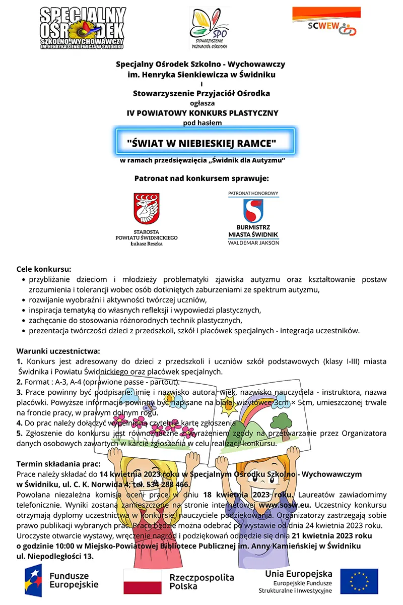 Plakat konkurs swiat w niebieskiej ramce